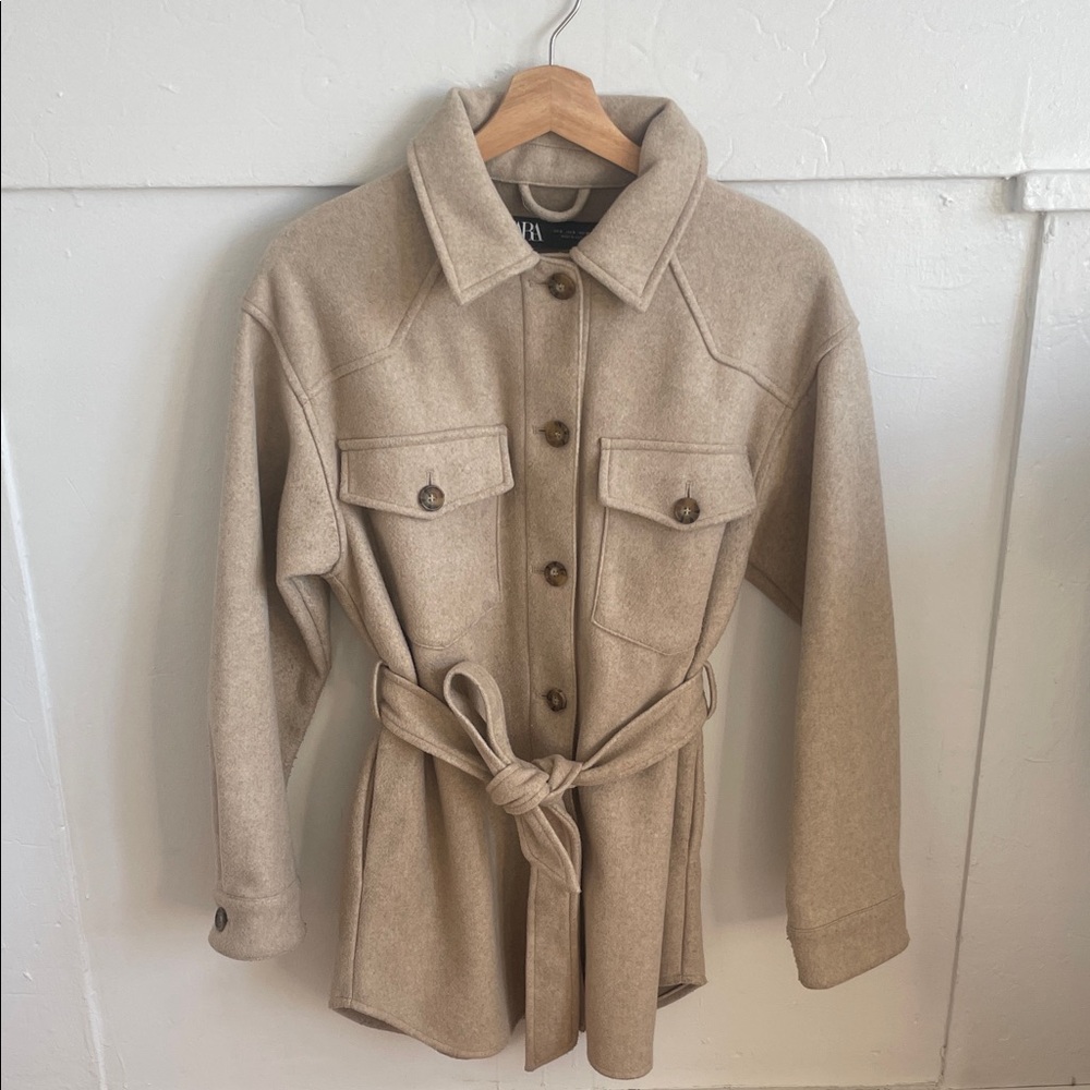 Zara Beige Belted Overshirt - Picture 2 of 12